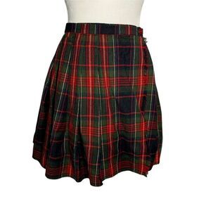 Vintage Wool Pleated Wrap Skirt S Red Green Plaid Fringe Hem Buttons School Girl